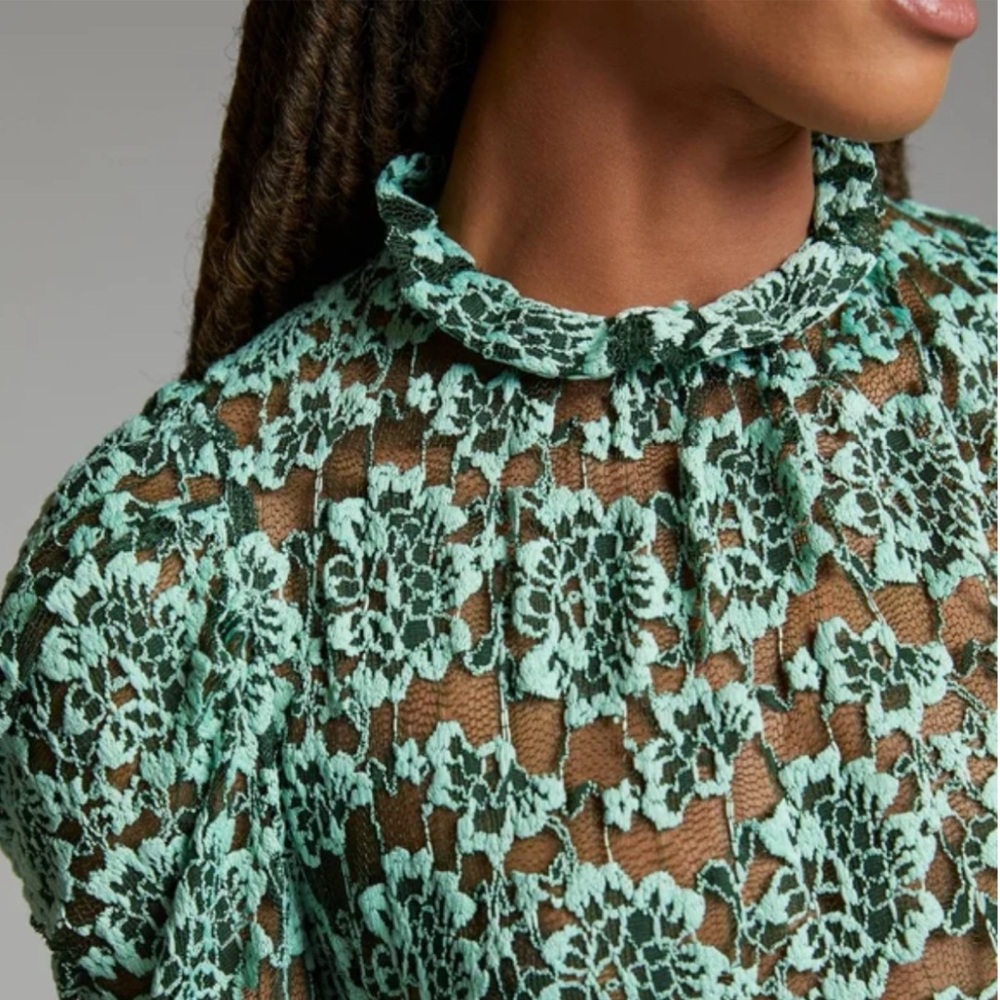Anthropologie Mint Green Floral Lace Long-Sleeve Mock Neck Top - Picture 4 of 10